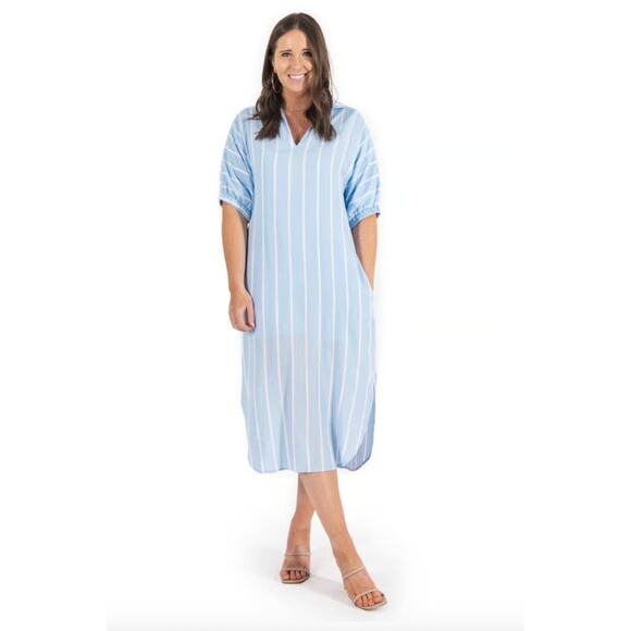 Emily McCarthy Poppy Caftan Blue Stripe Large - Picture 1 of 8